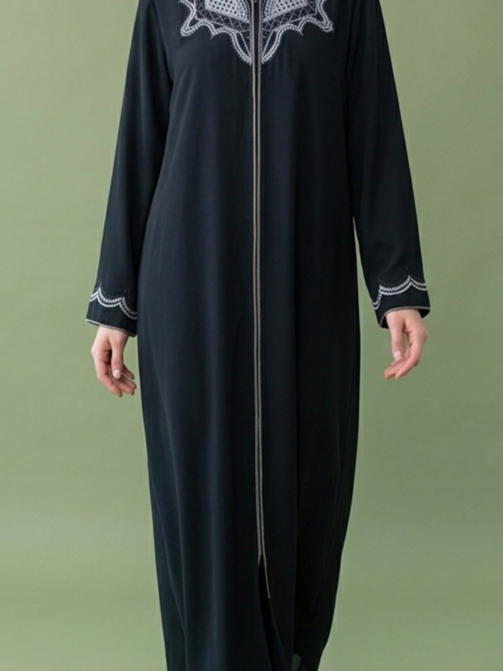 Embroidered Long Navy  Blue Abaya with Front Zip